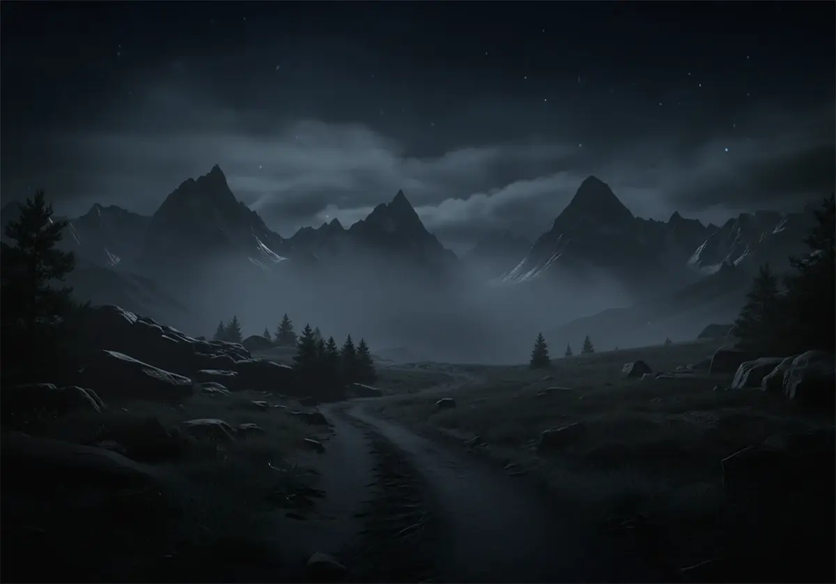 Vista notturna con montagna svizzera e foresta.